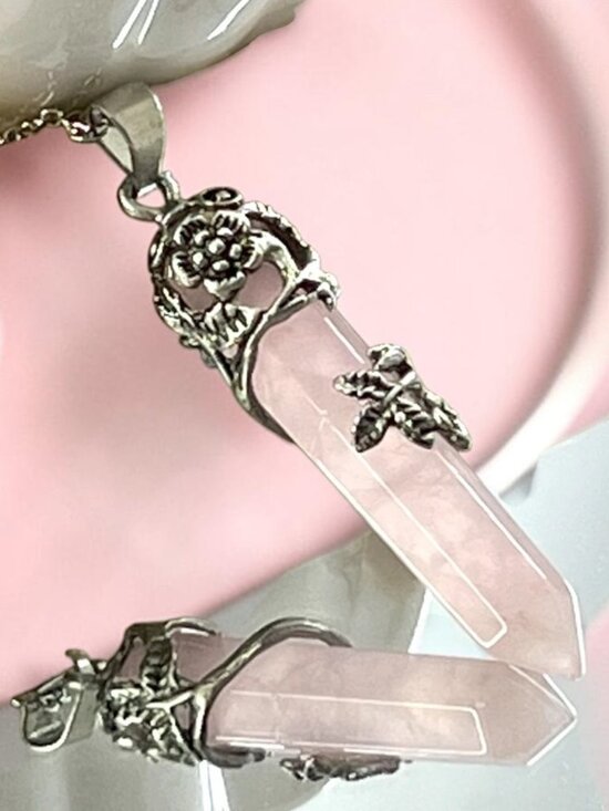 unmarked Jewelry - Chain Necklace Silver Tone & Rose Quartz Point Crystal 20 inches Tested